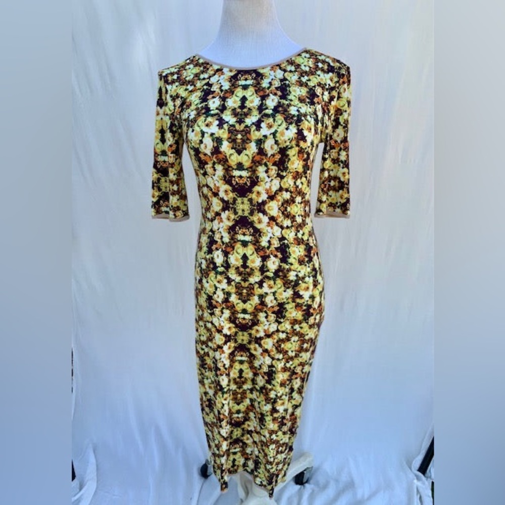 ANTHROPOLOGIE Yellow and Brown Rose Sheath Dress with Bateau Neckline - Picture 2 of 3